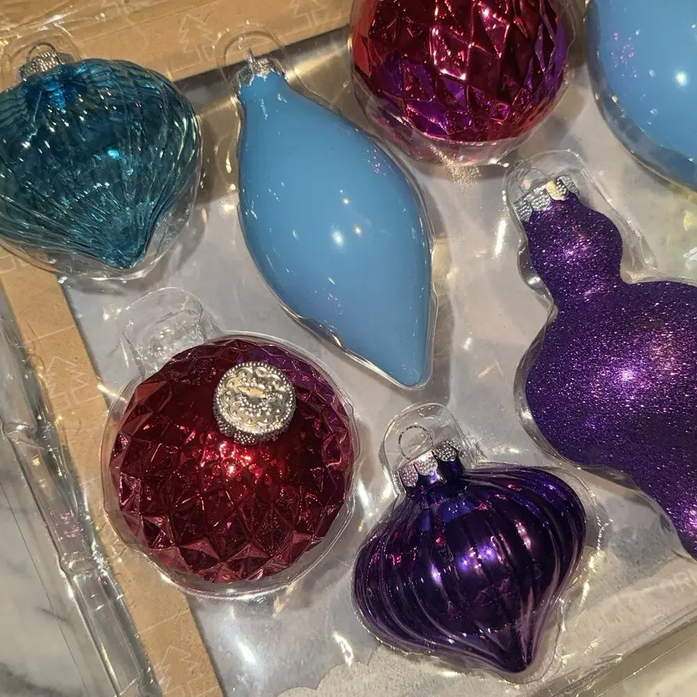 NEW 2014 Target Wondershop 10 Glass Ornaments Royal Purple Pink Glitter Teardrop